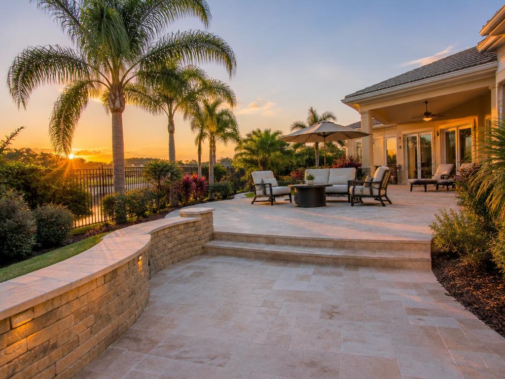 Travertine paver patio with retaining wall at sunset