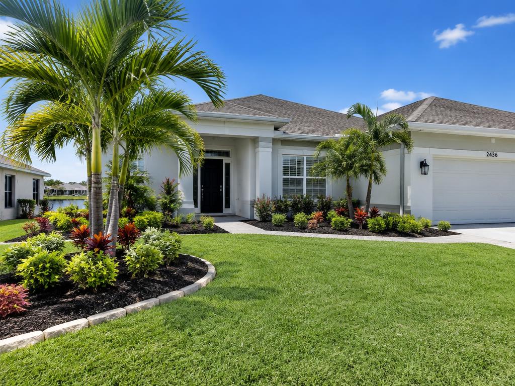 Freshly landscaped front yard with new sod and palms